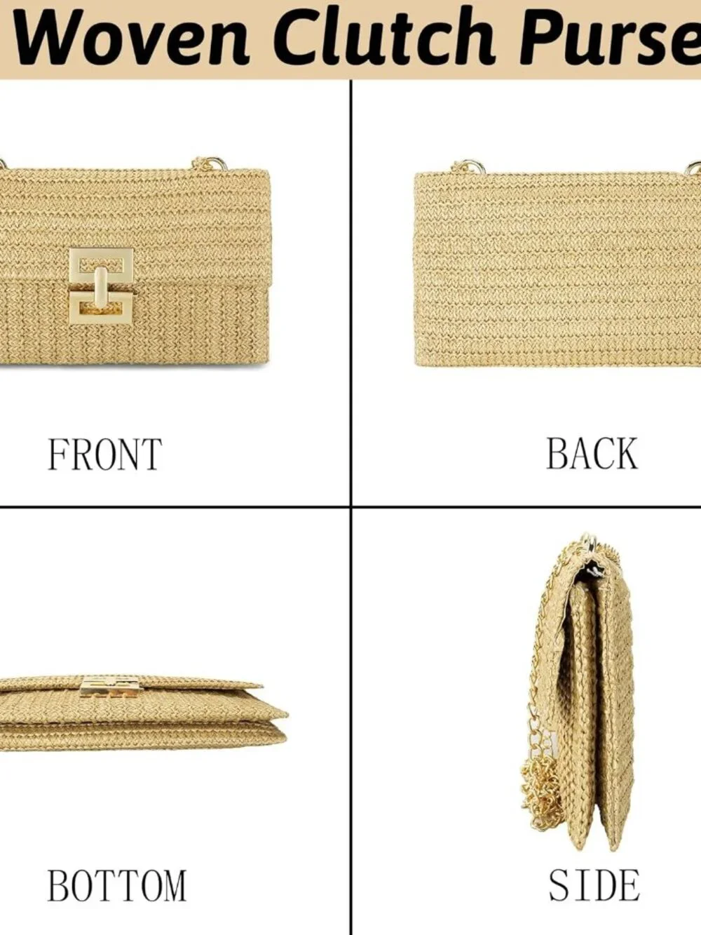 Straw Chain Clutch Purses for Women Woven Envelope Handbag for Wedding Party Coc - Picture 7 of 7